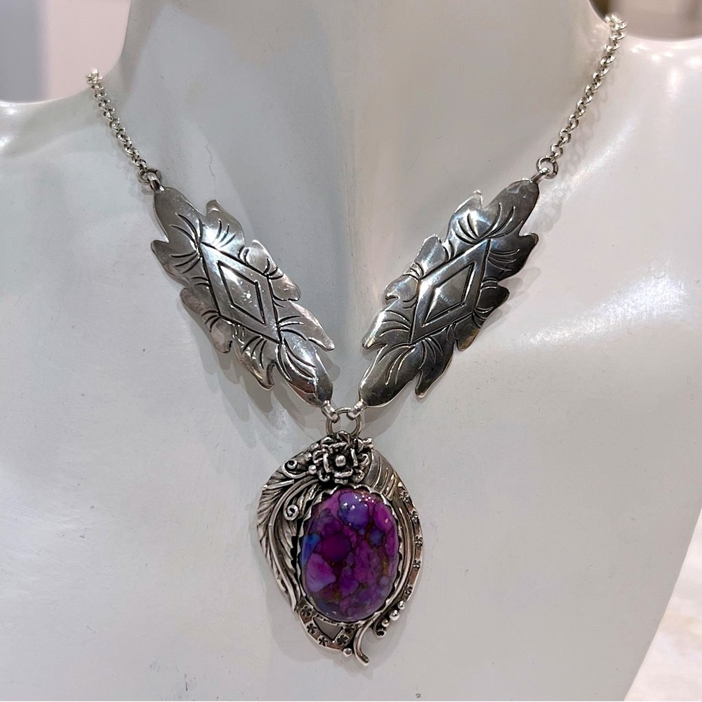 Mojave Purple Turquoise Sterling Silver Double Leaf Floral Pendant Neckl…